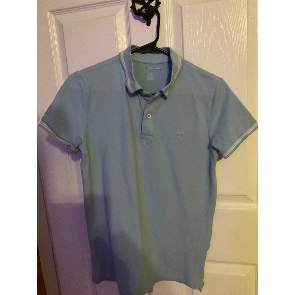 American Eagle Mens Slim Fit Polo Shirt Light Blue Short Sleeve Small S